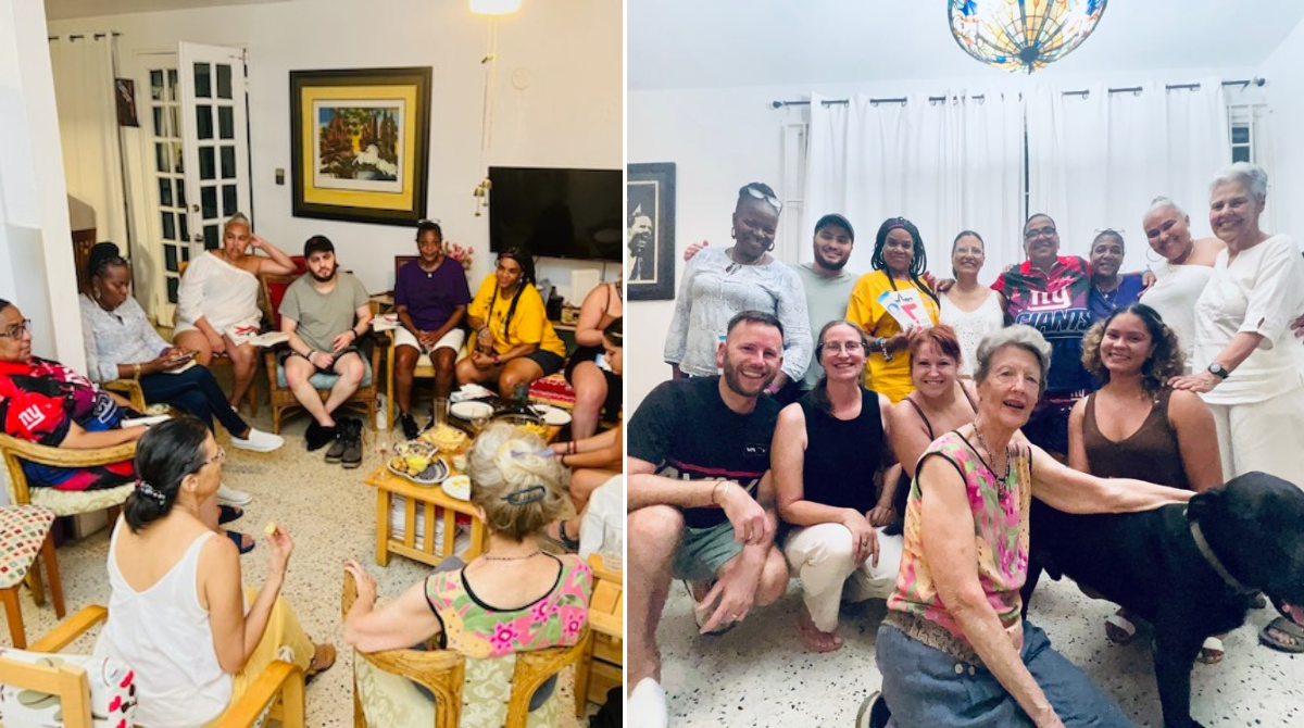Two photos: on the left, a group of people sitting in a circle in chairs in someone's home. On the right, that same group of people posing for a photo in front of a window with a dog in the front
