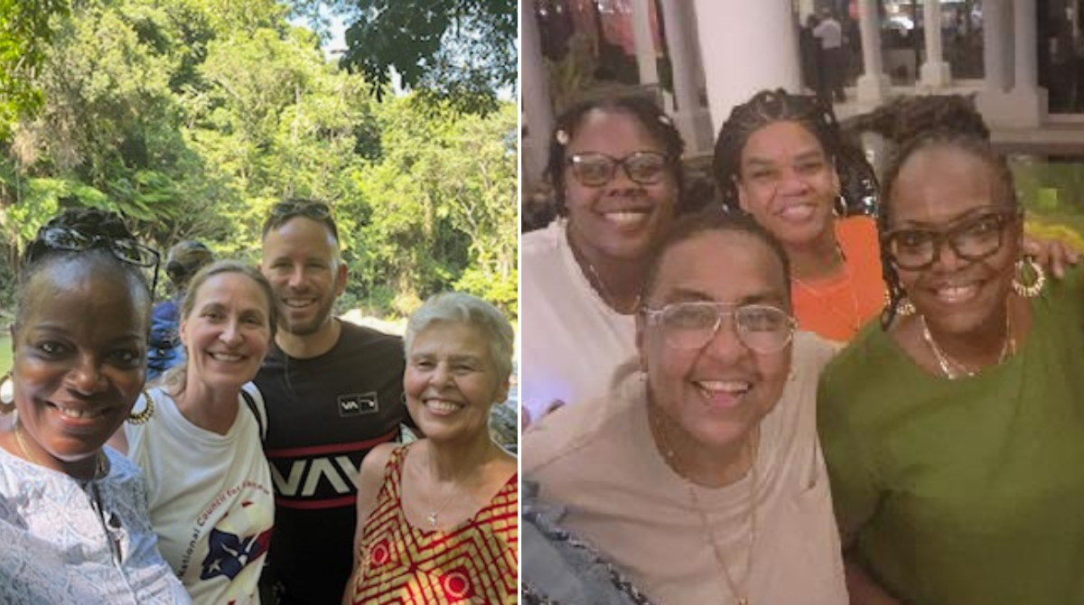 on the left Cfj Staff posing for a picture in El Yunque Forest; on the right CfJ staff with friends
